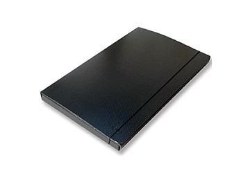 Caja de fibra negra, 3 solapas, lomo de 2 cm con elástico