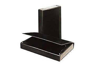 Caja de fibra negra, 3 solapas, lomo de 6 cm con elástico