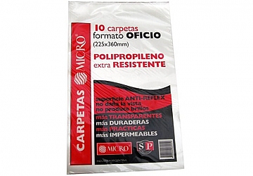 Carpeta en L Micro Oficio de polipropileno de 180 micrones. Borde inferior sellado
