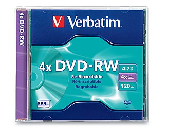 DVD-RW Verbatim 4.7GB Data Life Plus, velocidad 4XDL, regrabable, dispositivo secuencial de lectura-escritura, diseñado para grabación de videos y aplicaciones de respaldo de información PC (backup), pueden ser reescritos por sobre 1000 veces y es compatible con muchos DVD-Rom y DVD video players