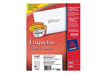 Etiqueta laser blanca para direcciones y envios, Cód. 5167. Medida 1.3 x 4.5 cm. Formato Carta. Contiene 80 etiquetas por hoja y 100 hojas
