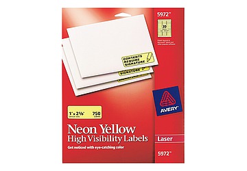 Etiqueta laser amarillo fluo para direcciones y envios, Cod. 5972. Medida 2.5 x 6.7 cm. Formato Carta. Contiene 30 etiquetas por hoja y 25 hojas.
