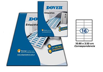 Etiqueta Dover carta, 16 etiquetas por hoja de 10.8 x 3.5, caja por 100 hojas