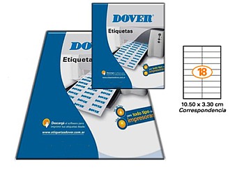 Etiqueta Dover A4, de 10.5 x 3.3 cm, 18 etiq x hoja,  caja por 25 hojas