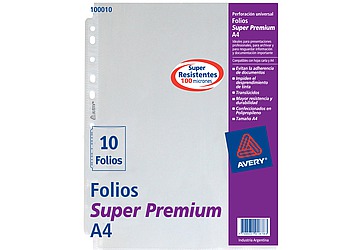 Folio Avery Super Premium A4 Poliprop, 100 micrones. Borde blanco. Multiples perforaciones