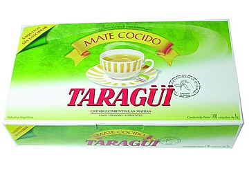 Mate cocido Taragüi, contiene 100 saquitos ensobrados de 3 grs. cada uno, elaborado 100 porciento con hojas de pura yerba mate, de sabor intenso y rendidor, sin sobre.
