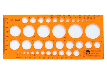 Plantilla Pizzini de círculos de 1 a 34 mm de diámetro, material flexible, con bisel para tinta, color naranja.
