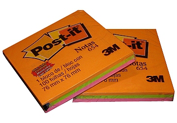Tacos adhesivos Post-it de 3M  654, 75 x 75 mm. Fluo x 3 colores x 100 hojas 
