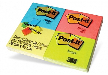 Tacos adhesivos Post-it de 3M  653, 38 x 50 mm pack x 4 fluo, cada block contiene 100 hojas. 