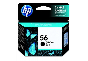 Cartucho Inkjet HP C6656A (#56) negro, compatible con DeskJet 450CBI, 5550C, 5551, 5552, 5650, 5650W, DeskJet PSC 1210, 1315, 1350, 2105, 2108, 2110, 2115, 2150, 2175, 2210, OfficeJet 1200, 1210, 2110, 4110, 4255, 5510, 5610, 5610v, 5610xi,  6110, 7110, PhotoSmart 7150, 7260, 7350, 7450, 7550, 7660, 7660V, 7660W, 7760, 7760V, 7760W, 7960, 7960W, original, rendimiento 450 páginas aprox., contenido 19 ml.