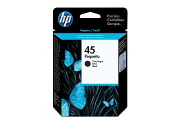 Cartucho Inkjet HP 51645G (#45) negro, compatible con DeskJet 712C, 720C, 722C, 820 serie, 830C, 832C, 850C, 855 serie, 870 serie, 880C, 890 serie, 895 serie, 930C, 935C, 950C, 952C, 960 serie, 970 serie, 990 serie, 995 serie, 1100C, 1120 serie, 1220 serie, 1600 serie, 6122, 6127, 9300, Color Copier 110, 120, 140, 145, 150, 155, 160, 170, 180, 190, 210, 210LX, 260, 270 280, 290, OfficeJet G55, G85, G95, K60, K80, R40, R60, R80, T45, T65, Officejet Pro 1150C, 1170c, 1175C, InkJet Fax 1220, 1200XI, PhotoSmart 1115, 1215, 1218, 1315, P1000, P1100, DesignJet 700, 750C, 750C Plus, 755CM, original, rendimiento 416 páginas aprox., contenido 21 ml.