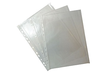 Folio A4 polipropileno transparente de 40 micrones, borde blanco. Multiples perforaciones 