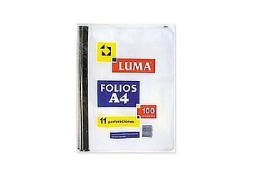 Folio Luma A4 polietileno transparente de 80 micrones. Borde gris. Once perforaciones 