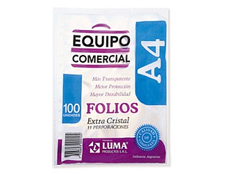 Folio Luma A4 Polipropileno 40 micrones. Multiples perforaciones. 230mm x 305mm.