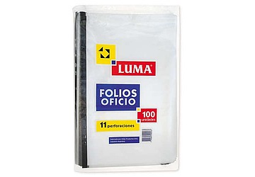 Folio Luma Oficio polietileno transparente de 80 micrones. Borde gris. Once perforaciones 