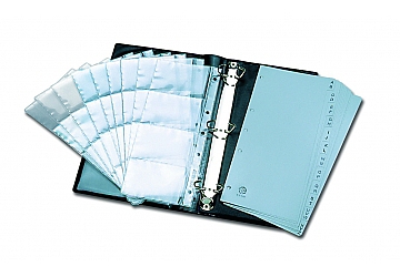 Repuesto porta tarjetas Clingsor R-1100, PVC transparente flexible, tres perforaciones, 12 folios con capacidad para 96 tarjetas. Medida: 11.5 x 26.5 cm