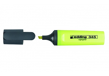 Resaltador Edding 345, trazo grueso. Cuerpo extra chato con clip. Tinta pigmentada de gran brillo a base de agua. Alta resistencia a la luz. Punta 2 - 5 mm