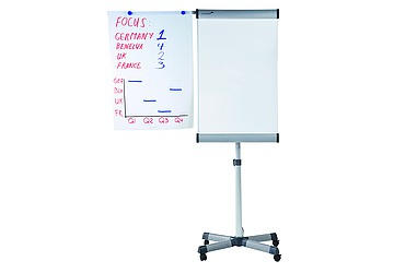 Rotafolio pizarra Premium 68 x 105 cm con pie metalico movil en forma de estrella. Rotafolio con atractivo diseño de alta gama. Estructura solida y ergonomica que facilitan el uso y el traslado. Superficie de acero laqueado magnetica apta para imanes y para escribir con marcadores. Incluye dos brazos laterales extensibles, plegables y magneticos de los que se pueden colgar papeles. Riel sujeta papeles desmontables y ganchos moviles para block de rotafolio, se ajustan a casi todos los formatos. Regulacion de altura facil y con variabilidad ilimitada. No incluye block para rotafolio