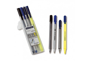 Set Staedtler Triplus 34 SB x 4 con estuche de sobremesa. Contiene un marcador Triplus Fineliner, Triplus roller, Triplus micro portaminas 0.5 y Triplus resaltador amarillo