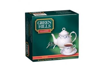 Té Green Hills clasico, contiene 50 saquitos ensobrados de 2 grs cada uno. 